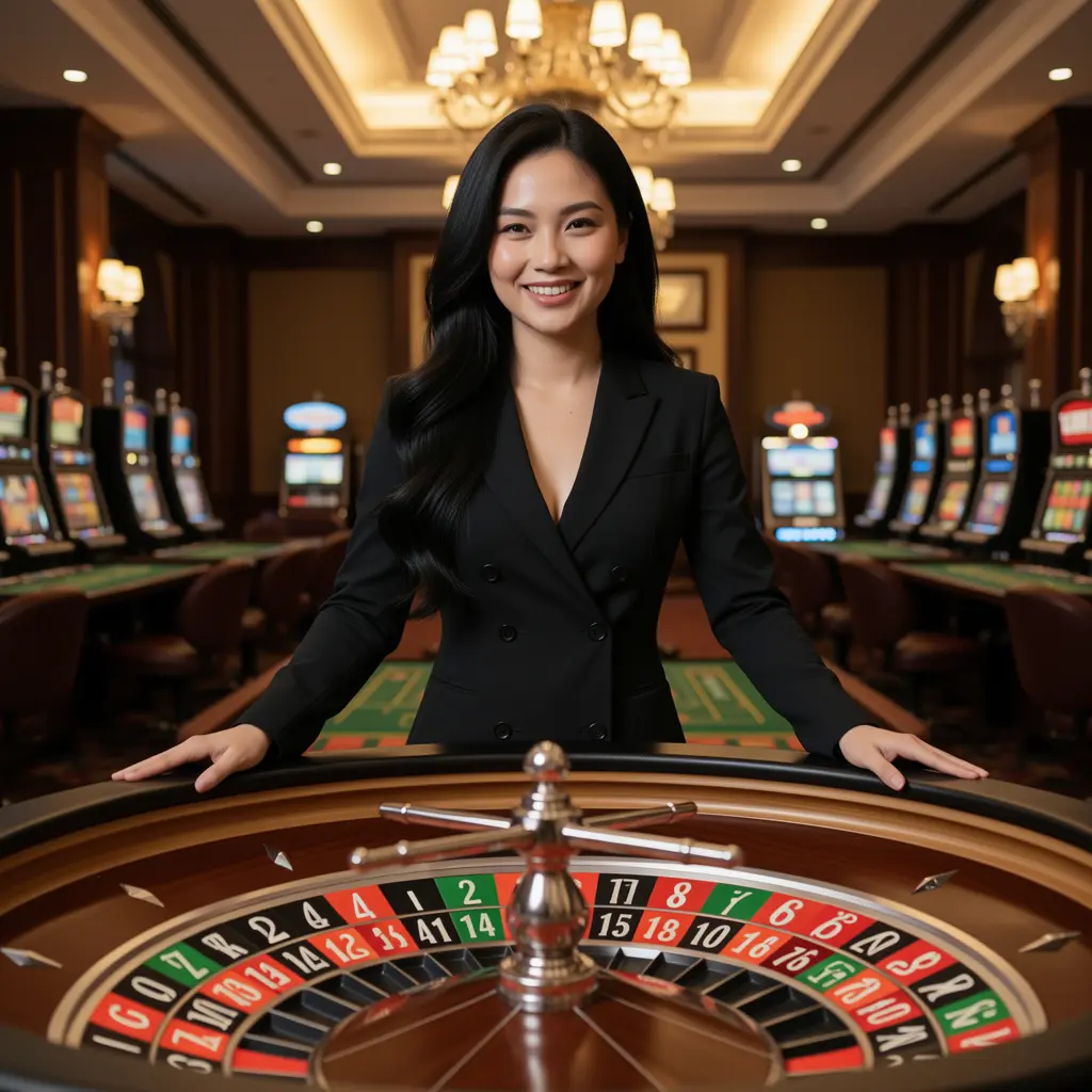 PTK99 – Step into a world of live casino excitement in Malaysia Friendly casino hostess standing at a roulette table with vibrant lights and a luxurious casino setting, representing the immersive live casino experience at PTK99 Malaysia